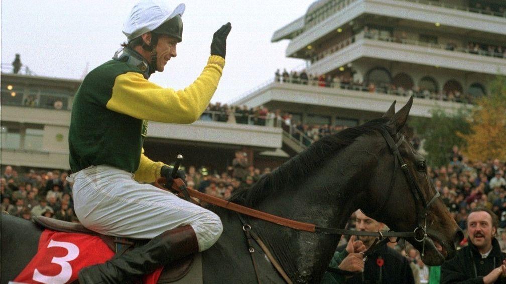 Glory days: Brendan Powell milks the applause of the Cheltenham crowd after success on Dublin Flyer in the 1995 Mackeson Gold Cup