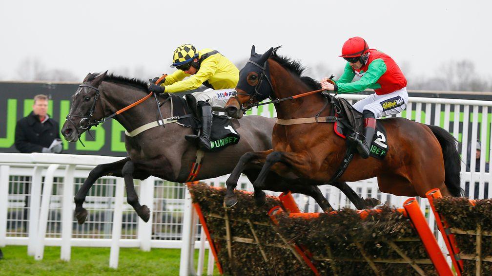 Elixir De Nutz (left) and Grand Sancy jump the last together in the Tolworth Hurdle at Sandown