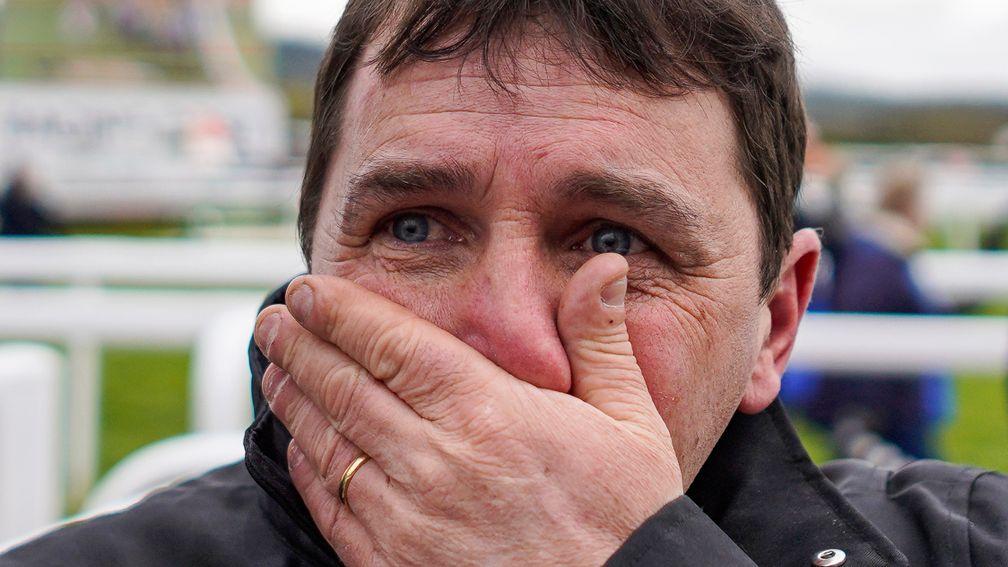An emotional David Bridgwater celebrates The Conditional's win at Cheltenham last year