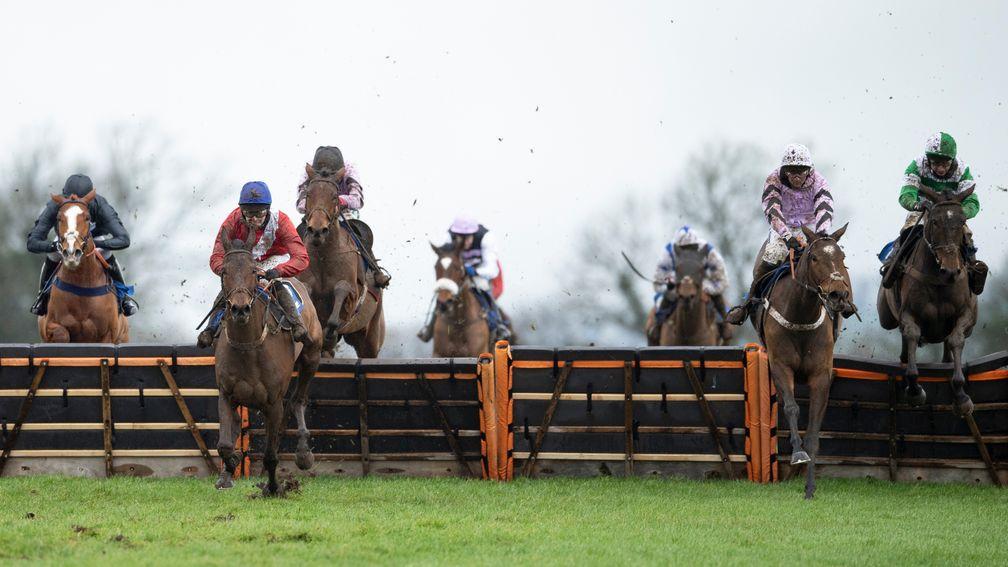 The winner Rose Of Arcadia (Jonjo O'Neill jr, 2nd left) runs on from the final flight in the 2m 5f mares' novices' hurdleWincanton 4.2..21 Pic: Edward Whitaker/Racing Post