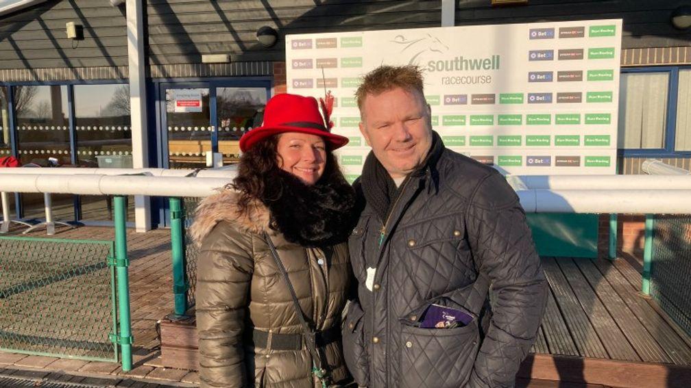 Owners Graham and Sarah Anstiss after Justcallmepete's win at Southwell on Saturday