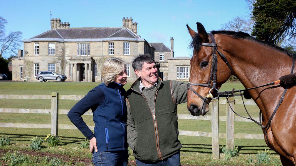 Sandy & Quona Thomson gaze admiringly at Seeyouatmidnight, who could bring Grand National glory to Lambden Stables