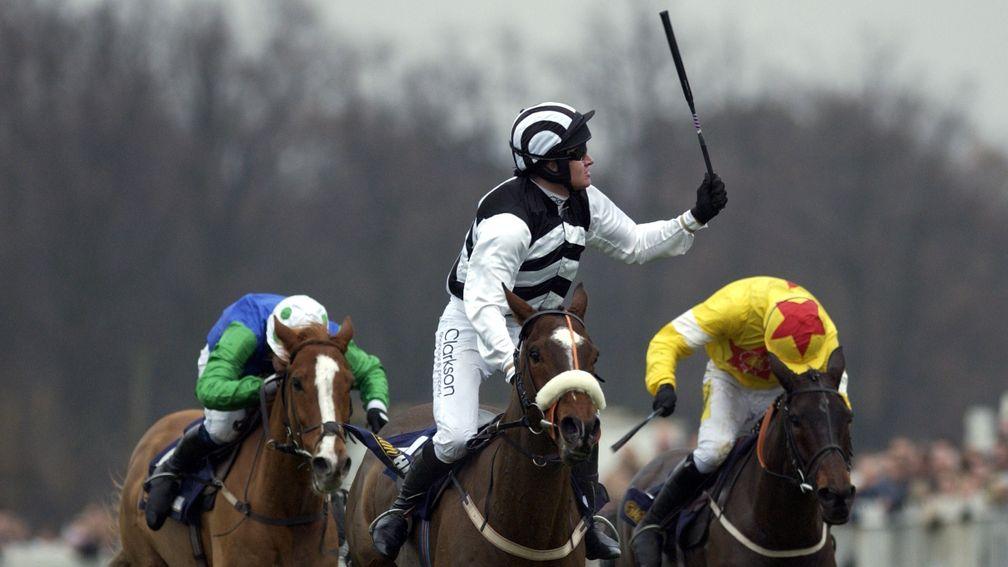Classic contest: Barry Geraghty celebrates Moscow Flyer's victory over Azertyuiop (right) and Well Chief (left) in the 2004 Tingle Creek Chase