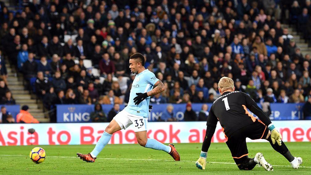 Gabriel Jesus scores Manchester City's first goal in their win at Leicester