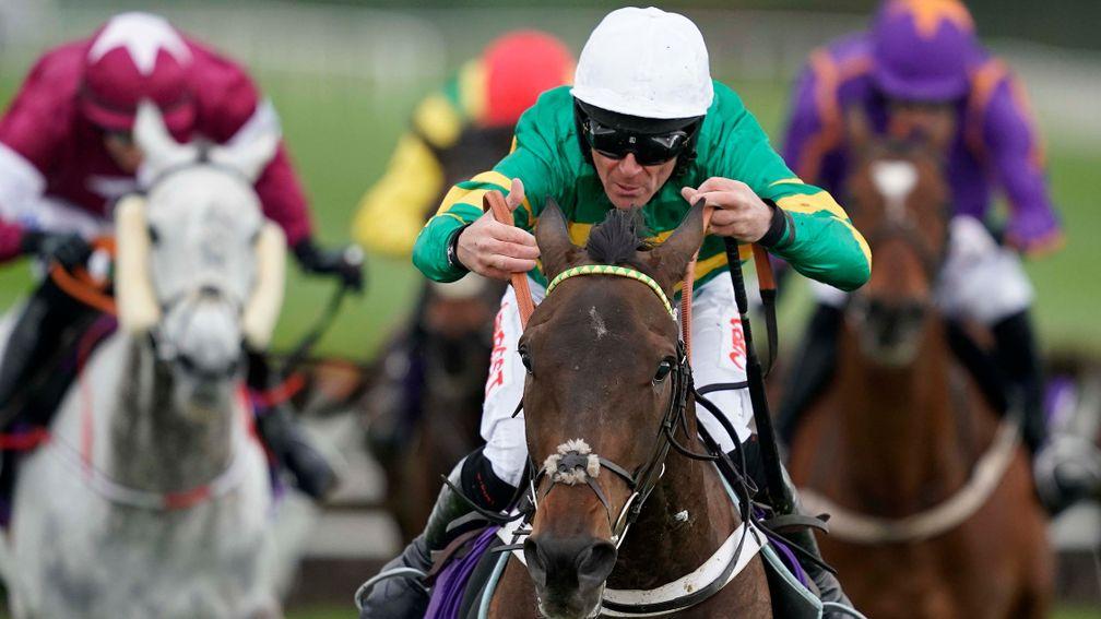 NAAS, IRELAND - MAY 03: Davy Russell riding Buveur D'Air (green) clear the last to win The BETDAQ Punchestown Champion Hurdle at Punchestown Racecourse on May 03, 2019 in Naas, Ireland. (Photo by Alan Crowhurst/Getty Images)