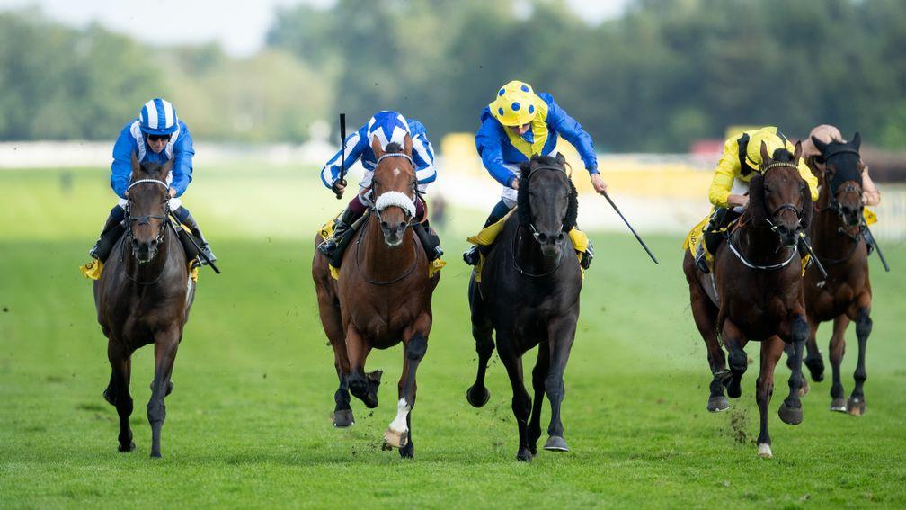 William Buick and Solid Stone (3rd from right) beats championship rival Oisin Murphy and Foxes Tales (2nd from left) in the 1m 3f Group 3 StakesNewbury 18.9.21 Pic: Edward Whitaker