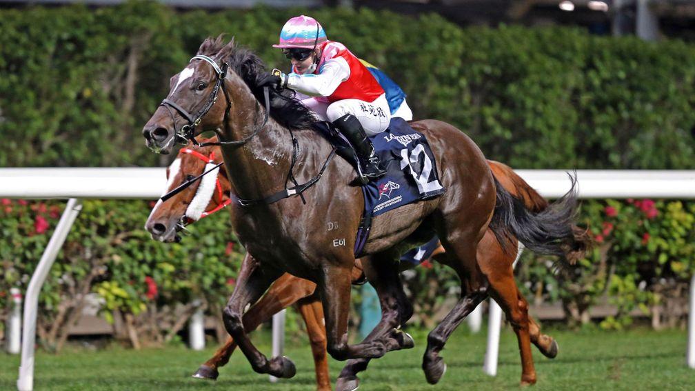 Hollie Doyle pictured winning at Happy Valley in Hong Kong aboard Harmony N Blessed