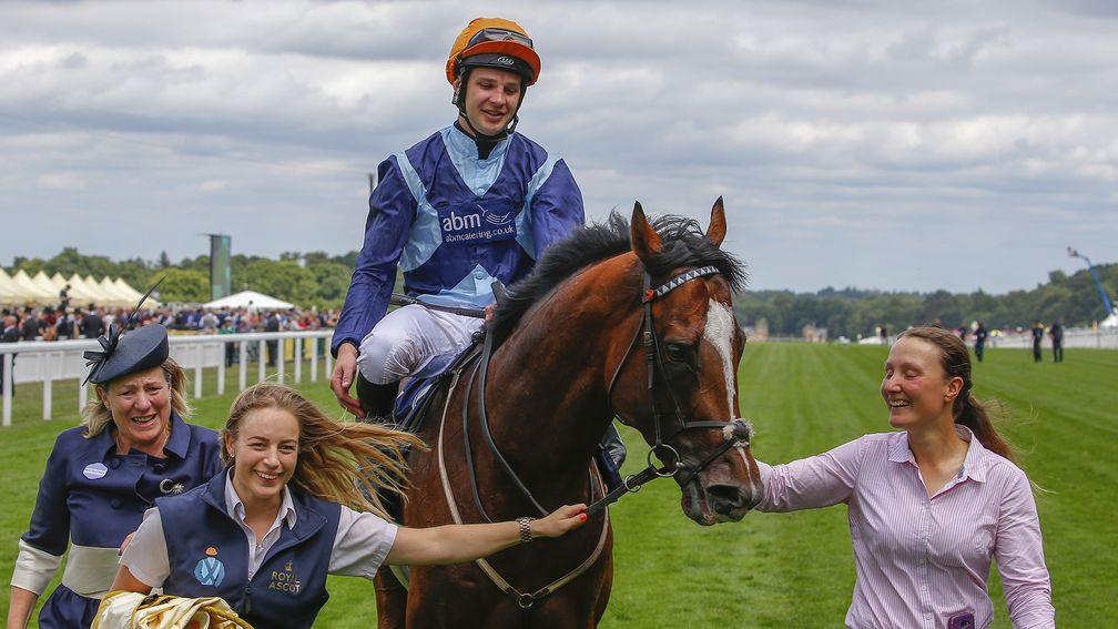 Accidental Agent with trainer Eve Johnson Houghton (left), jockey Charlie Bishop and grooms Nynke Schilder and Vanda Ohlidalova (right) after their Queen Anne success