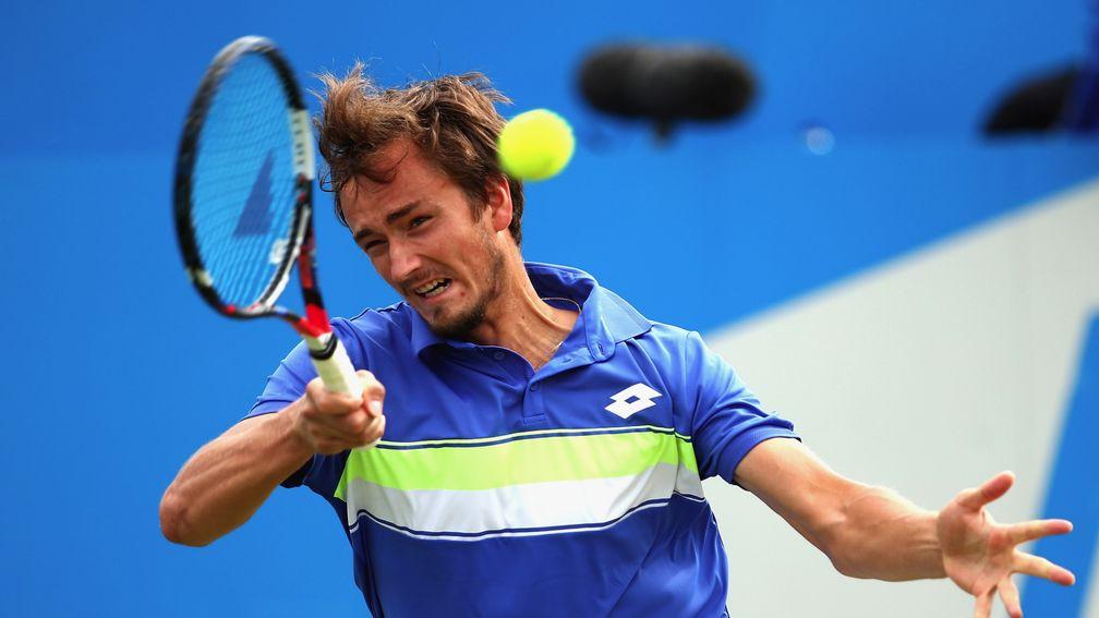 Daniil Medvedev plays a forehand at Queens Club