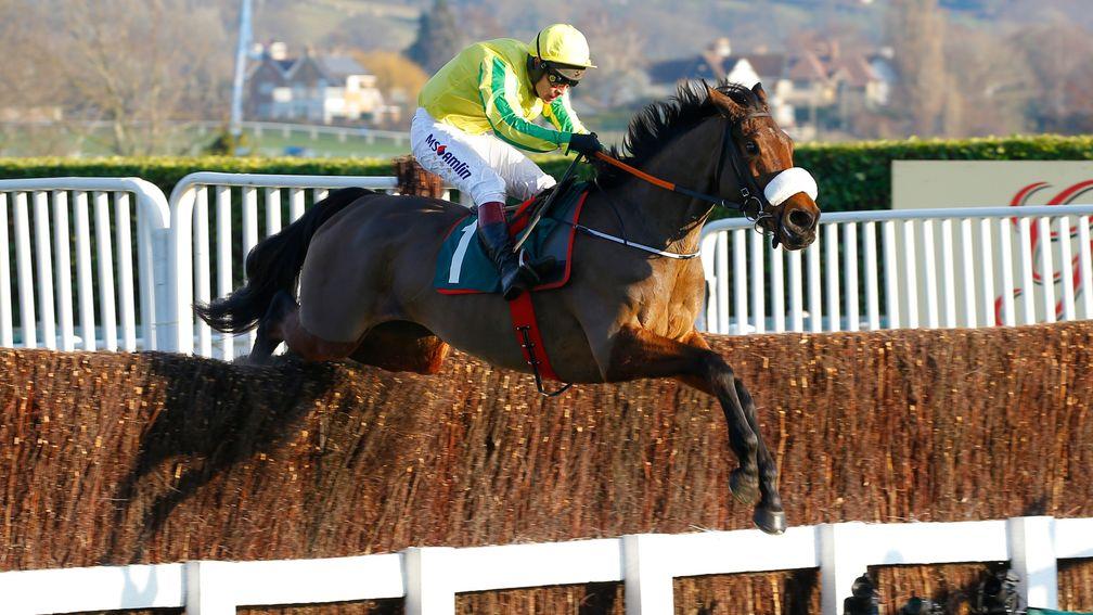 Synopsis (Richard Johnson) flies the last to win the mares' handicap chase at Cheltenham in December