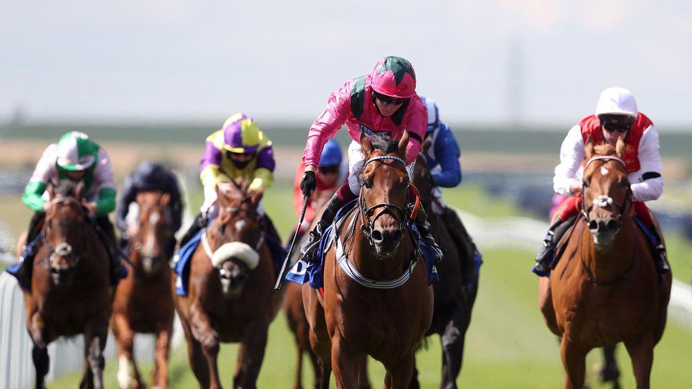 NEWMARKET, ENGLAND - JULY 11: Oxted ridden by jockey Cieren Fallon wins the Darley July Cup Stakes during day three of The Moet and Chandon July Festival at Newmarket Racecourse on July 11, 2020 in Newmarket, England. (Photo by David Davies/Pool via Getty