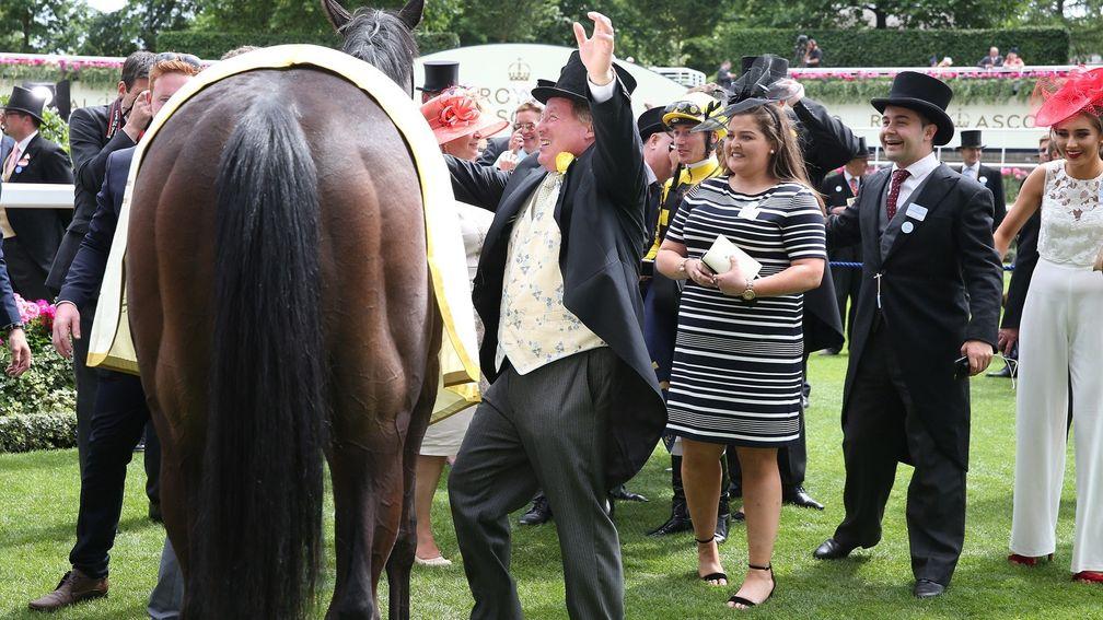 Con Marnane greets Different League in the Royal Ascot winners' enclosure after the Albany Stakes