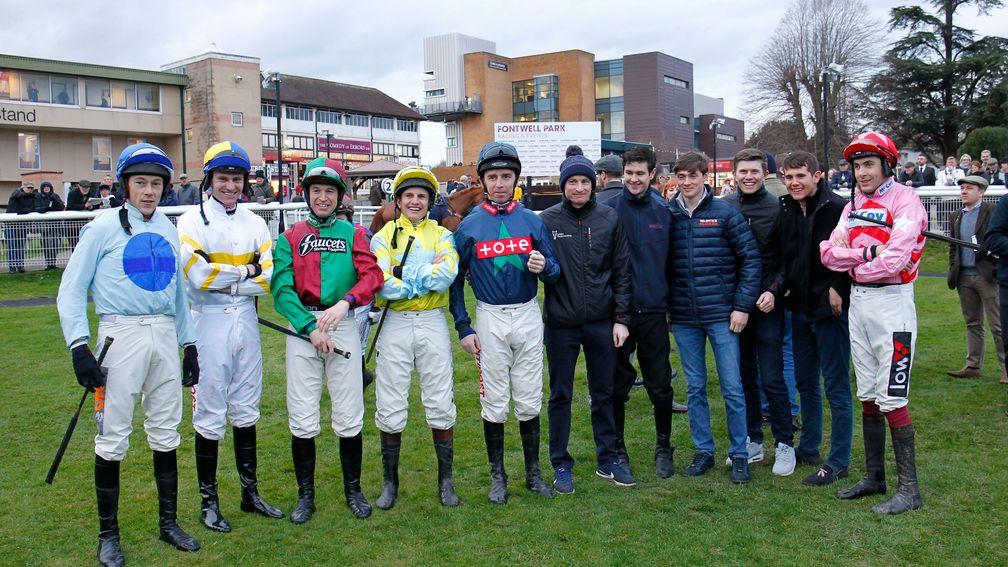 Leighton Aspell with members of the weighing room before his final ride in the bumper on Itsnotwhatyouthink at Fontwell
