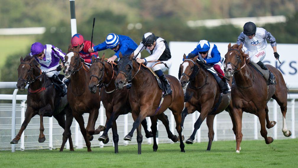 Victory Chime (Hector Crouch,4th from left) win the Listed Foundation Stakes from Tyson Fury (R)Goodwood 22.9.21 Pic: Edward Whitaker