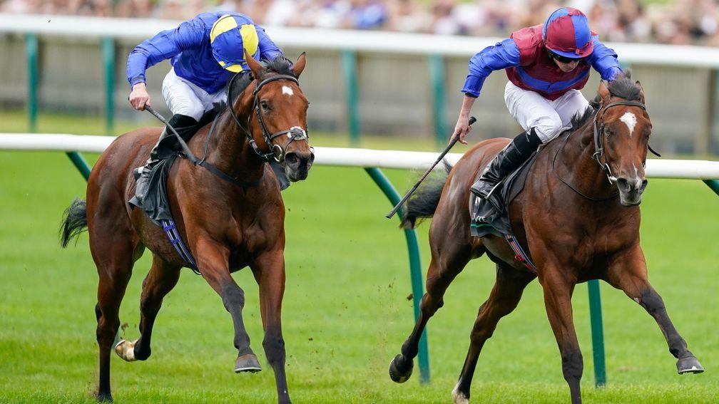NEWMARKET, ENGLAND - SEPTEMBER 25: Ryan Moore riding Tenebrism (R) win The Juddmonte Cheveley Park Stakes at Newmarket Racecourse on September 25, 2021 in Newmarket, England. (Photo by Alan Crowhurst/Getty Images)