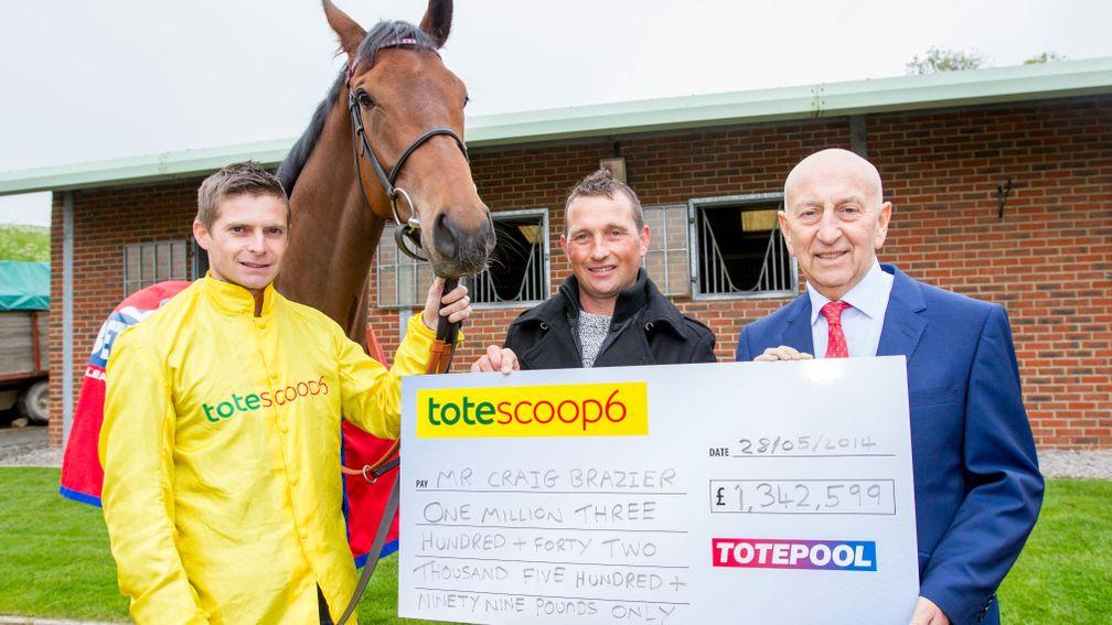 Scoop6 millionaire Craig Brazier with Betfred boss Fred Done and Chatez, the horse who won him a share of a record £15m pool in May 2014