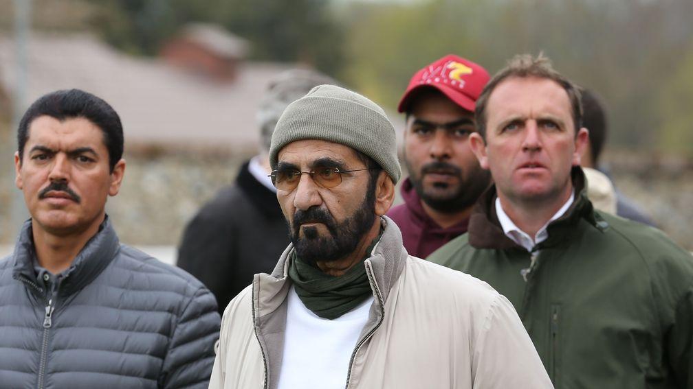 Sheikh Mohammed (centre) with Charlie Appleby (right) at Park Paddocks on Tuesday