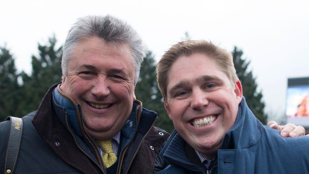 Match made in heaven: Skelton and Paul Nicholls (left) at Kempton in February before they saddled the only two runners in a graduation chase. On that occasion the sorcerer outdid his former apprentice when Politologue beat Pain Au Chocolat