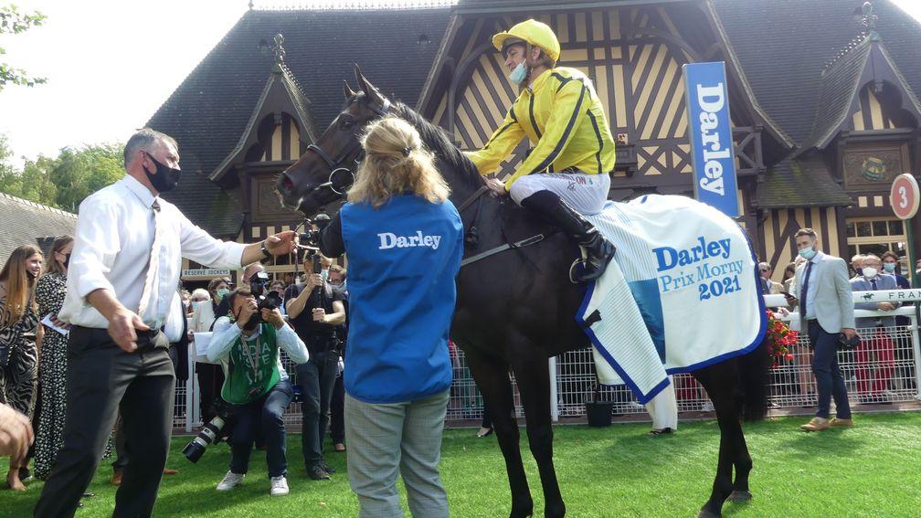Perfect Power returns to the winner's enclosure at Deauville after the Prix Morny