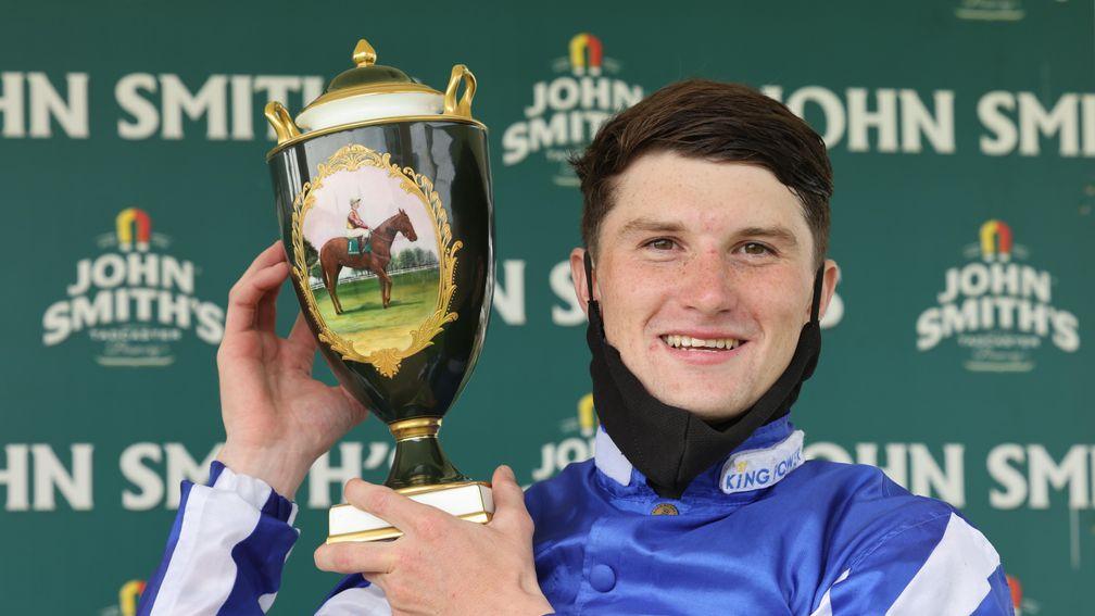Josh Bryan celebrates after Johnny Drama gave him the 100th winner of his career in the John Smith's Cup