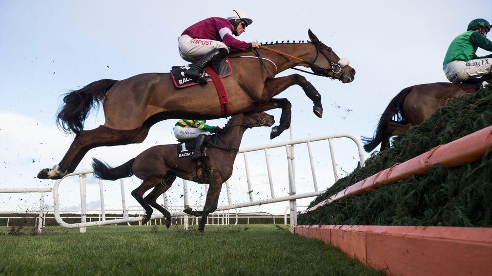 Death Duty and Davy Russell jumping during the Racing Post Novice Chase (Grade 1).Leopardstown.Photo: Patrick McCann 26.12.2017