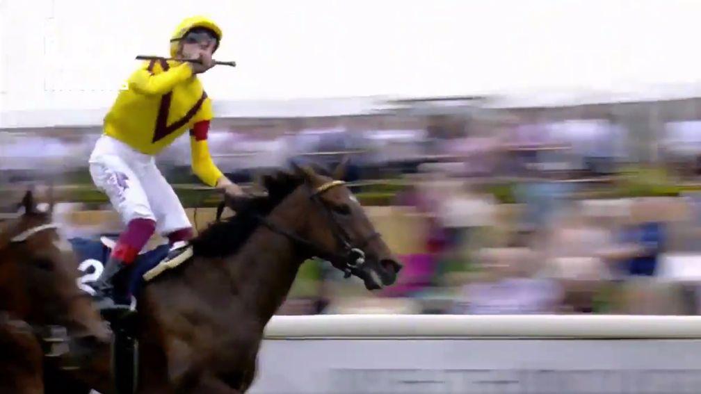 ITV Racing viewers saw this shot of Frankie Dettori wrongly celebrating after thinking his mount Lady Aurelia had won the Nunthorpe. The photo finish revealed Marsha just pipped him to the post