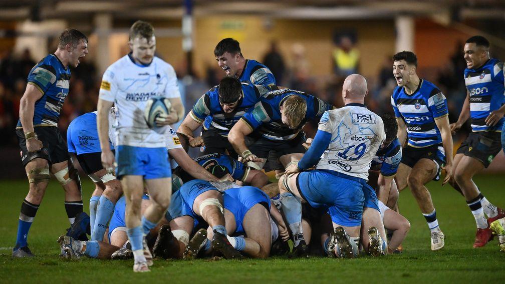 Bath players celebrate their victory over Worcester on Sunday at the final whistle