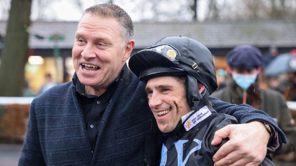 Darren Yates ( left) celebrates with Harry Skelton after the 11th victory of Blaklion's career