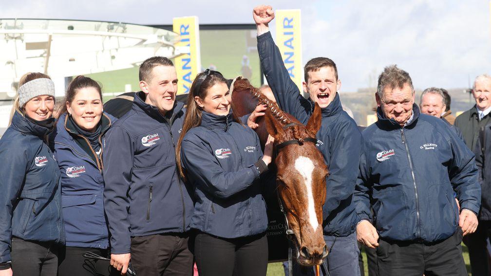 Camilla Sharples (furthest left) celebrates with the Gordon Elliott team after Samcro's win in the 2020 Marsh Novices' Chase at Cheltenham