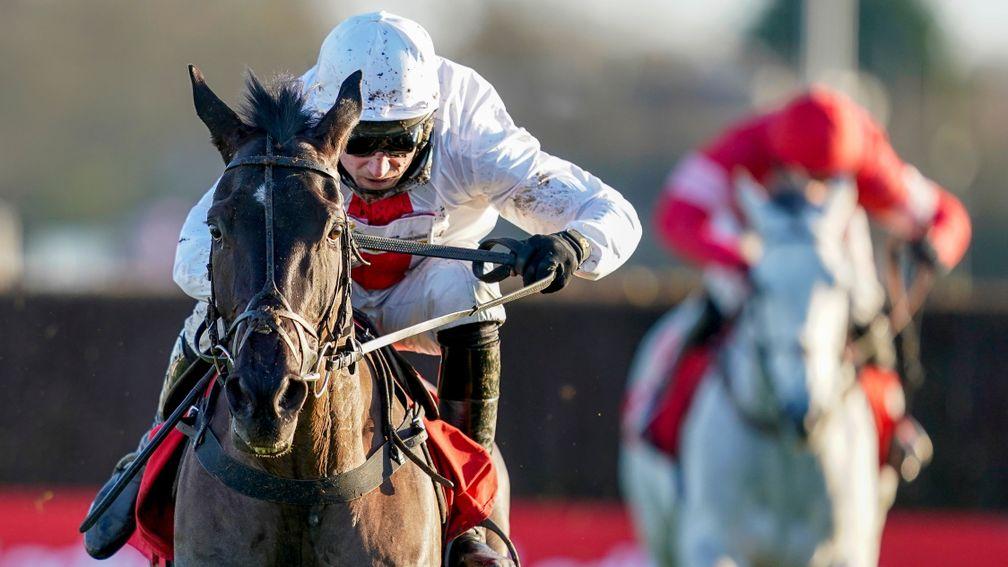 SUNBURY, ENGLAND - DECEMBER 27: Harry Skelton riding Nube Negra clear the last to win The Ladbrokes Desert Orchid Chase at Kempton Park Racecourse on December 27, 2020 in Sunbury, England. Owners are allowed to attend if they have a runner at the meeting