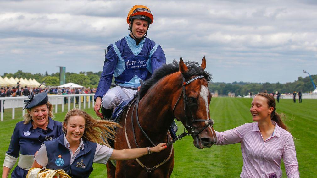 Charlie Bishop returns triumphant on Accidental Agent after grabbing Group 1 glory in the Queen's Anne for Eve Johnson Houghton (left)