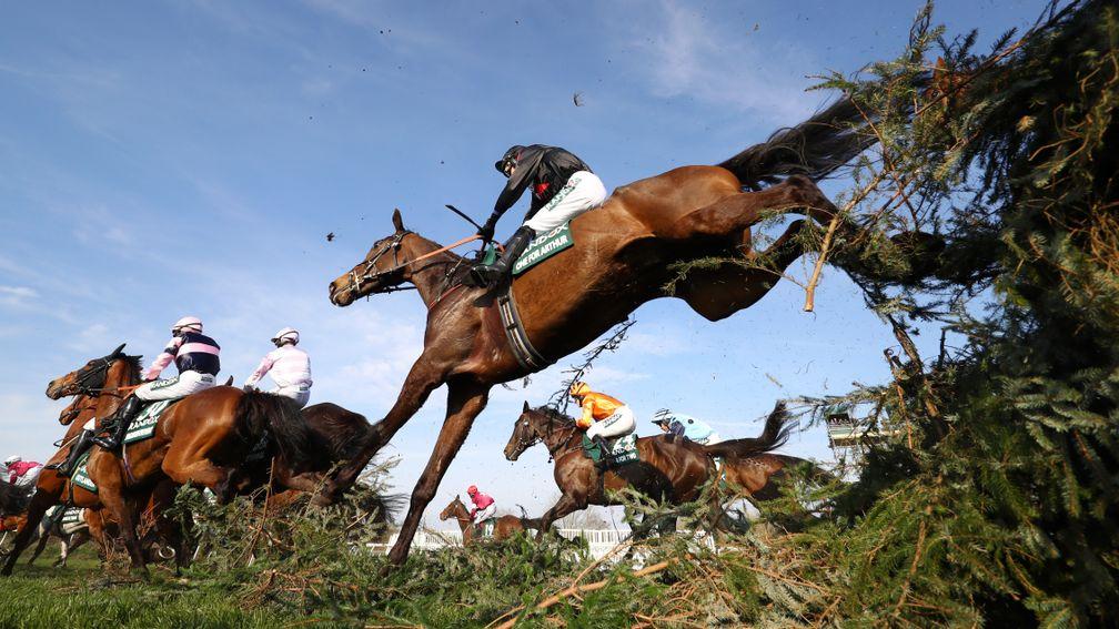 LIVERPOOL, ENGLAND - APRIL 06:  Derek Fox riding One For Arthur clears the Canal Turn during the Randox Health Grand National Handicap Chase at Aintree Racecourse on April 06, 2019 in Liverpool, England. (Photo by Michael Steele/Getty Images) ***BESTPIX**