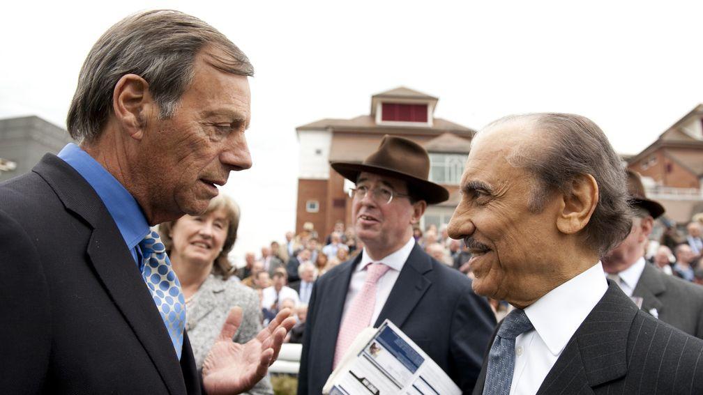 Sir Henry Cecil with Prince Khalid Abdullah after Frankel's victory in the Greenham Stakes at Newbury in April 2011