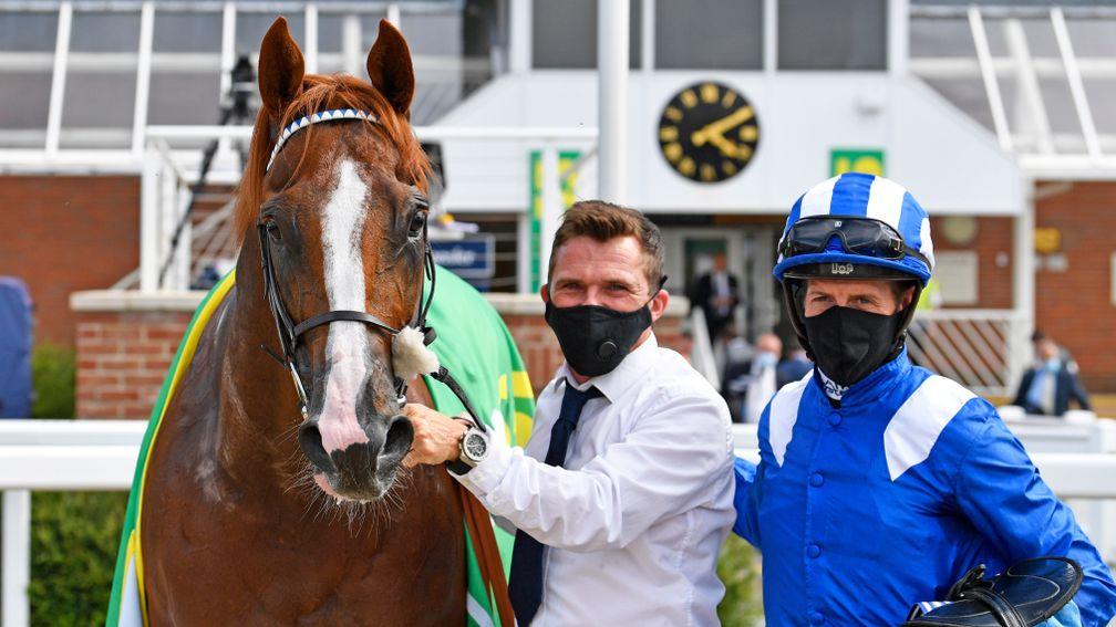 Jim Crowley (right) rode Tabdeed to victory in the Hackwood Stakes