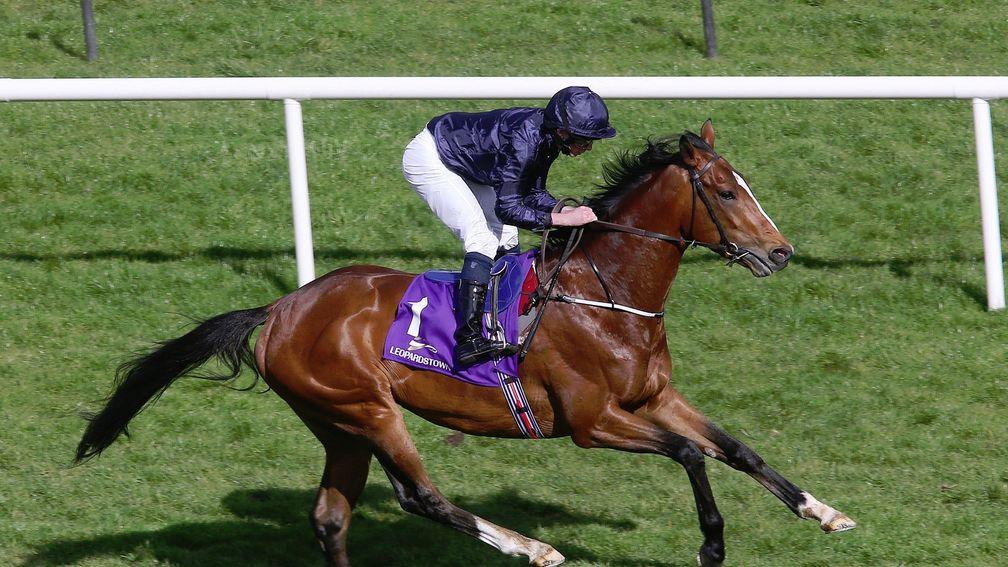LEOPARDSTOWN SUN 12 APRIL 2015  PICTURE: CAROLINE NORRIS   RYAN MOORE EASES DOWN JOHN F KENNEDY TOWARD THE LINE AFTER HE HAD HAD A DISAPPOINTING RUN IN THE PW MCGRATH MEMORIAL BALLYSAX STAKES
