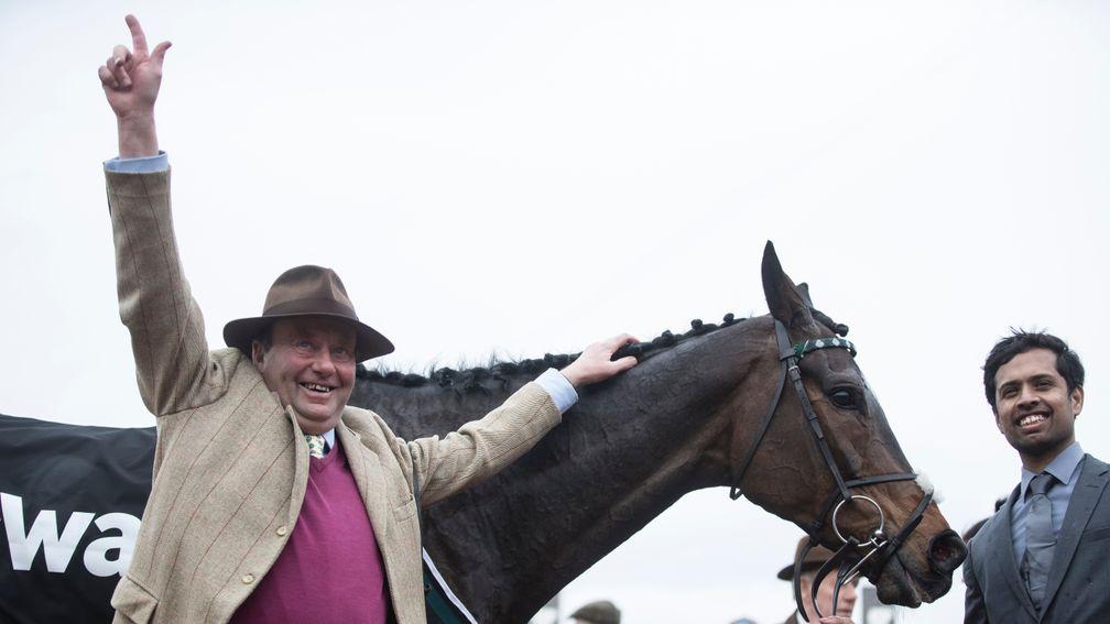 Nicky Henderson shows his adoration for Altior after winning the Queen Mother Champion Chase.Cheltenham Festival.Photo: Patrick McCann 14.03.2018