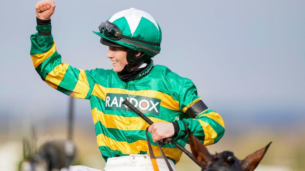 LIVERPOOL, ENGLAND - APRIL 10: Rachael Blackmore celebrates after riding Minella Times to win The Randox Grand National Handicap Chase at Aintree Racecourse on April 10, 2021 in Liverpool, England. Sporting venues around the UK remain under restrictions d