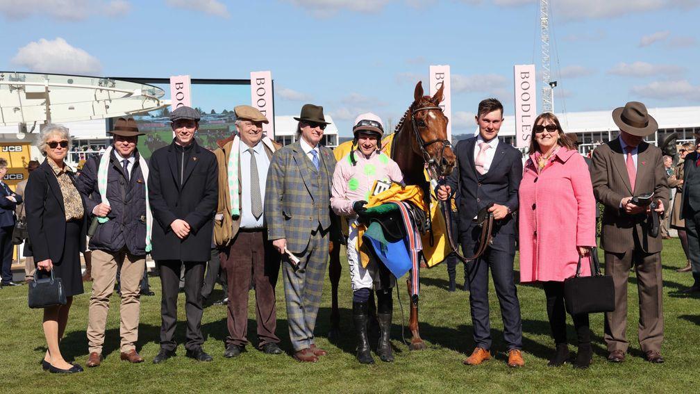 Day of Triumph: Breeders Philippe Decouz (second from the left) and Olivier de Seyssel (fourth from the left) pictured after Vauban's emphatic success in the JCB Triumph Hurdle at Cheltenham