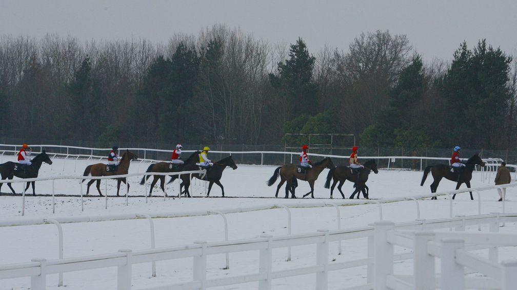 Runners walking in after a race at snowy Lingfield