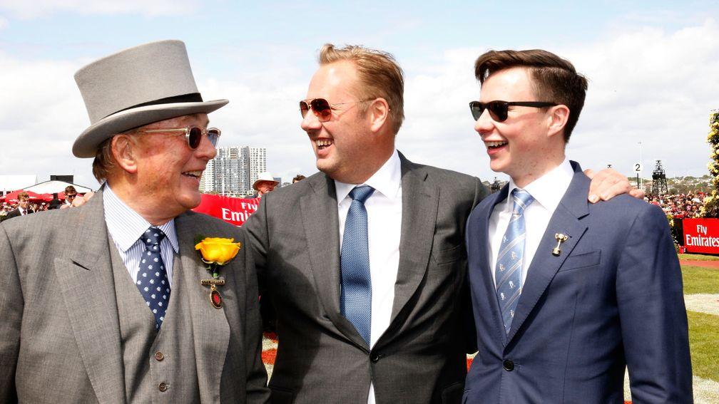 Nick Williams (centre) with father Lloyd (left) and Rekindling's trainer Joseph O'Brien
