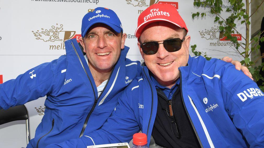 MELBOURNE, AUSTRALIA - OCTOBER 31:  Godolphin trainers Charlie Appleby and John O'Shea pose for photo after the 2016 Melbourne Cup Conference on October 31, 2016 in Melbourne, Australia.  (Photo by Vince Caligiuri/Getty Images)