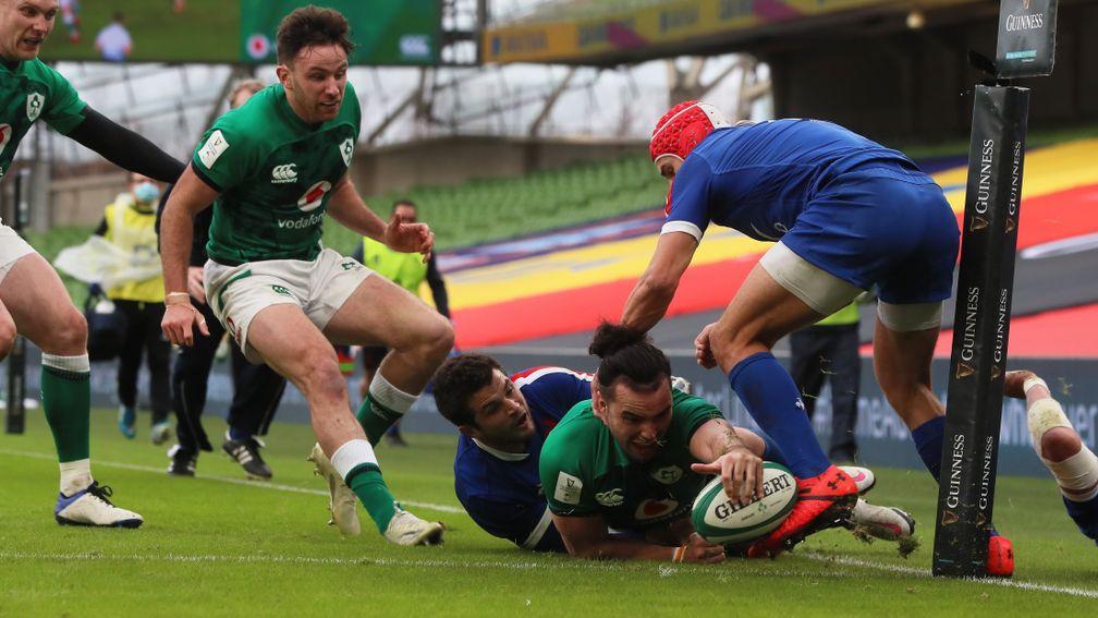Ireland winger James Lowe touches down against France, though his effort was ruled out