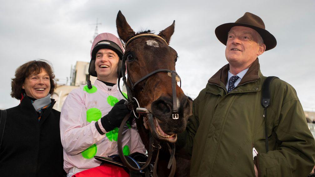 Patrick Mullins: celebrates winning the Matheson Hurdle for a second year running aboard Sharjah alongside his parents Jackie and Willie Mullins