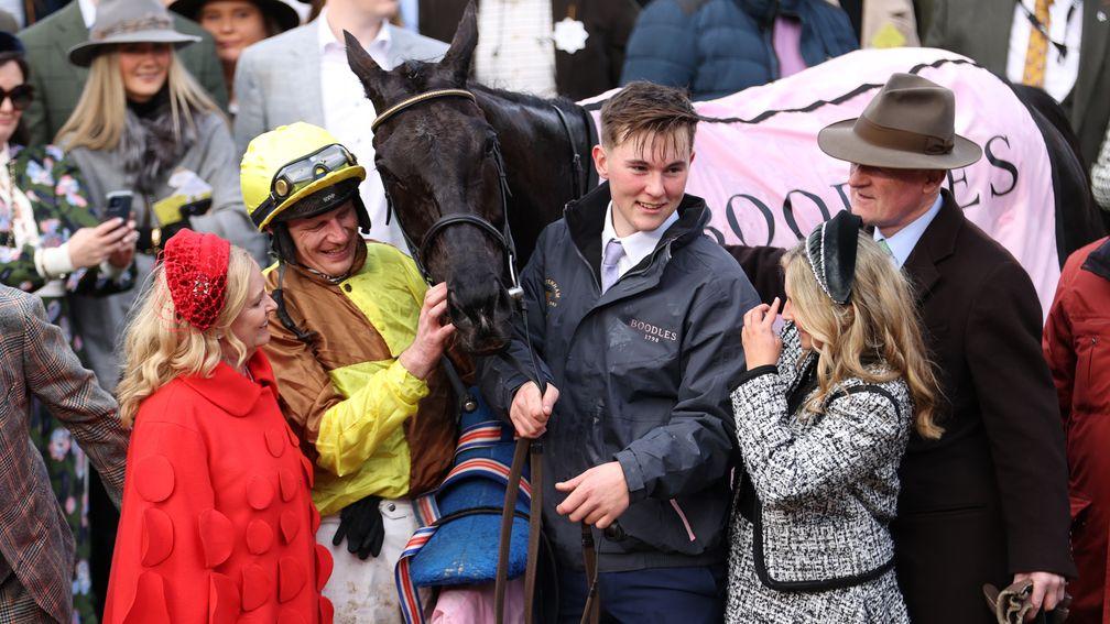 Audrey Turley, owner of Galopin Des Champs, jockey Paul Townend and trainer Willie Mullins after Galopin Des Champs wins the Gold Cup again