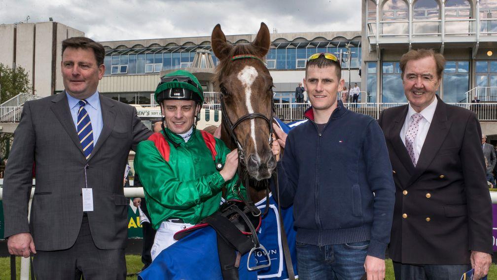 Pat Downes, Declan McDonogh and Dermot Weld with Hazapour after winning the Derrinstown Derby Trial