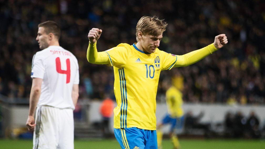 Sweden's Emil Forsberg celebrates a goal during qualifying
