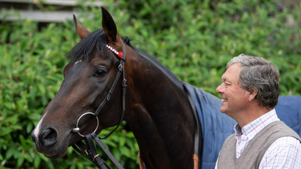 Trainer William Haggas with Derby colt Young Rascal at Somerville Lodge stables in Newmarket 23.5.18 Pic: Edward Whitaker
