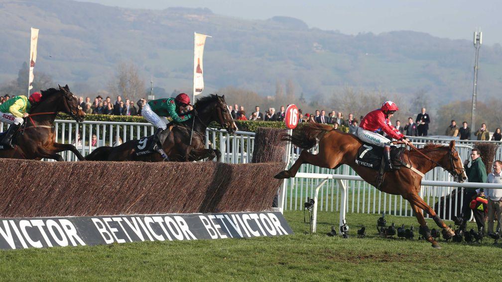 Sire De Grugy leads over the last on his way to winning the 2014 Champion Chase at Cheltenham