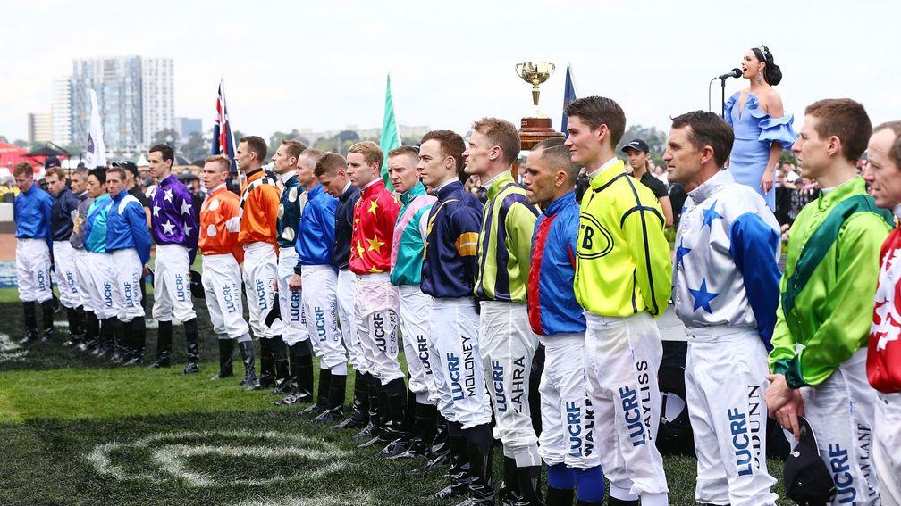 Jockeys line up before the 2018 Melbourne Cup in Australia