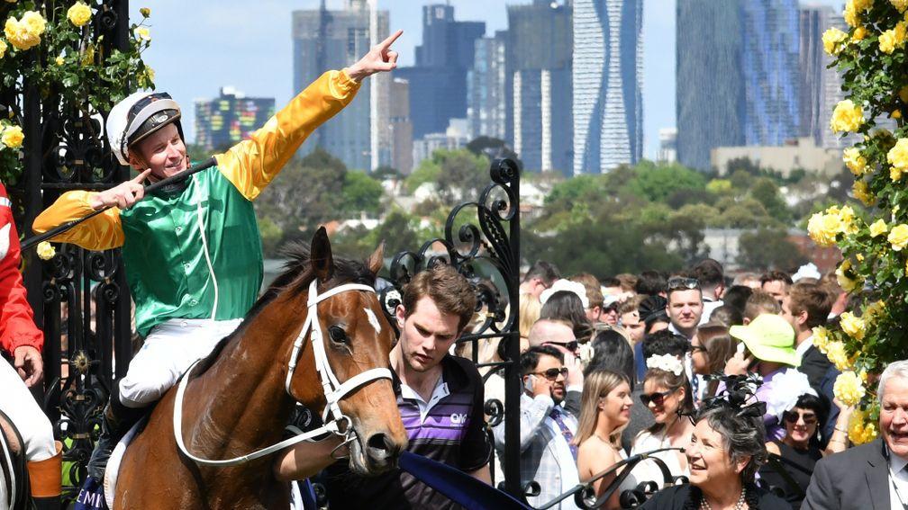 James McDonald strikes a Usain Bolt-style pose afte his win on Shillelagh at Flemington